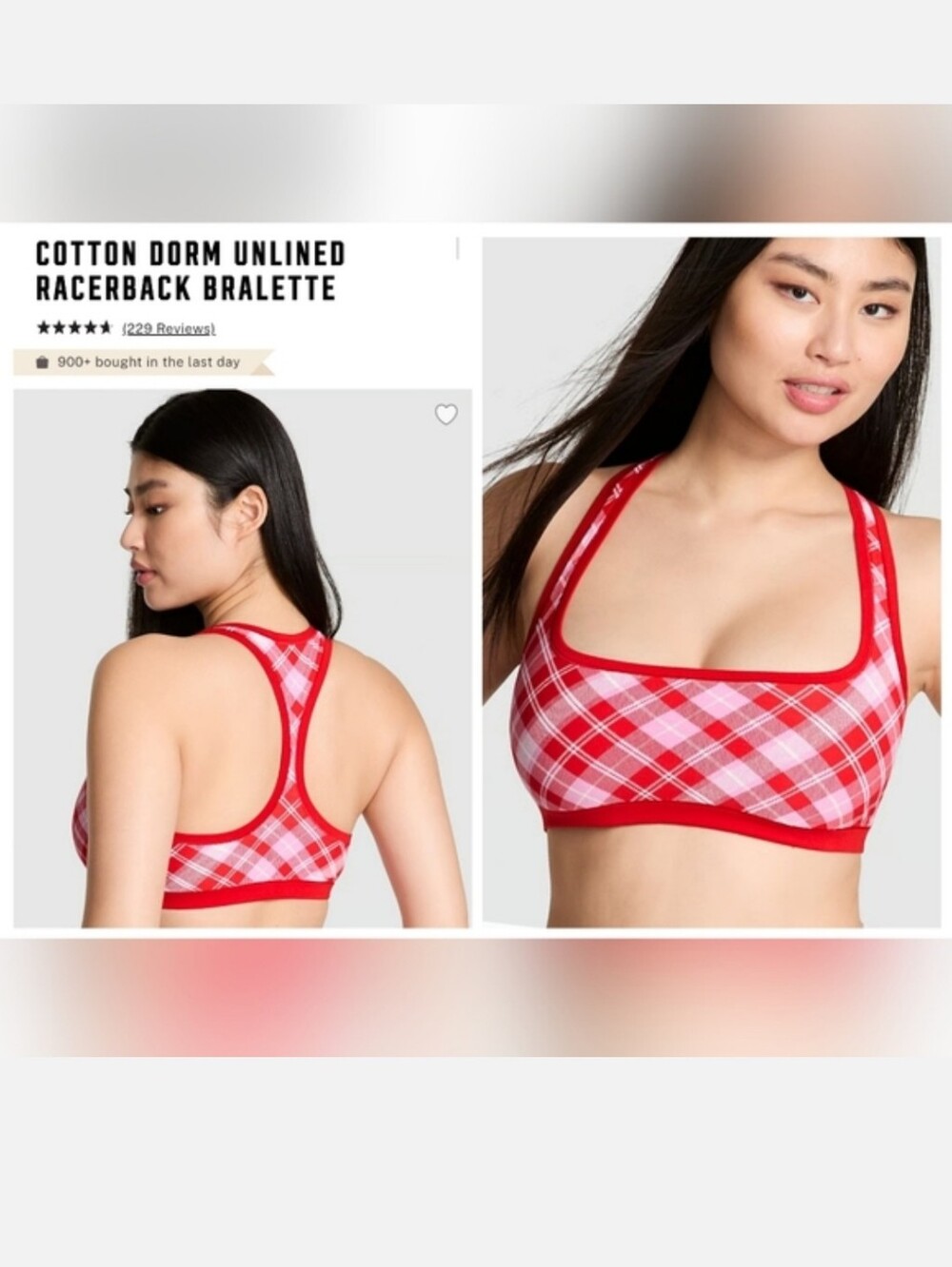 Victoria's Secret Pink Cotton Dorm Unlined Racerback Bralette Red Plaid LARGE